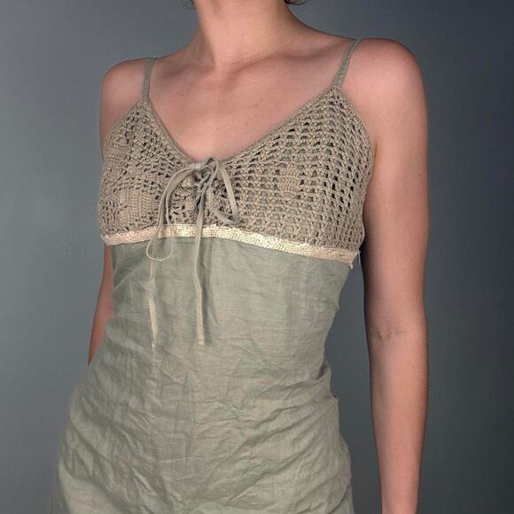 Green crochet lace top tunic mini dress European vintage - Picture 2 of 8